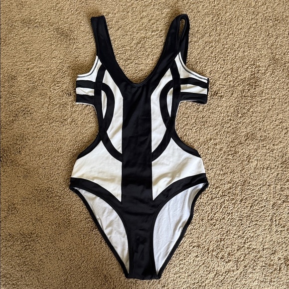 OYE Swimwear Rorschach Cut Out One Piece Swimsuit Black White - Picture 2 of 10